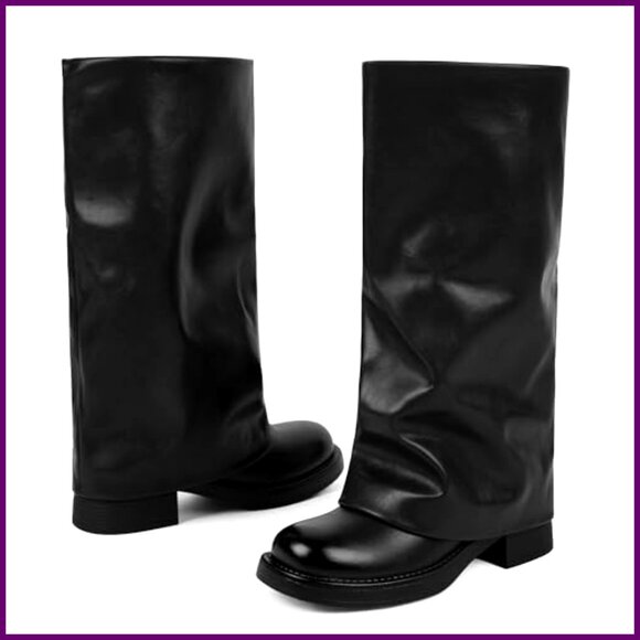 Knee High Fold Over Boots Low Block Heel Slouchy Tall Zipper Square Toe - Picture 4 of 7